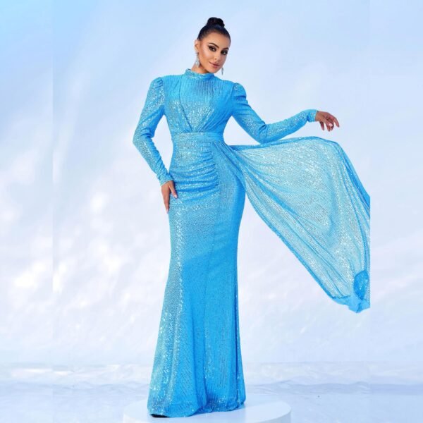 Long Sleeve Round Neck Sexy Slim Long Sequined Banquet Dress - Image 8