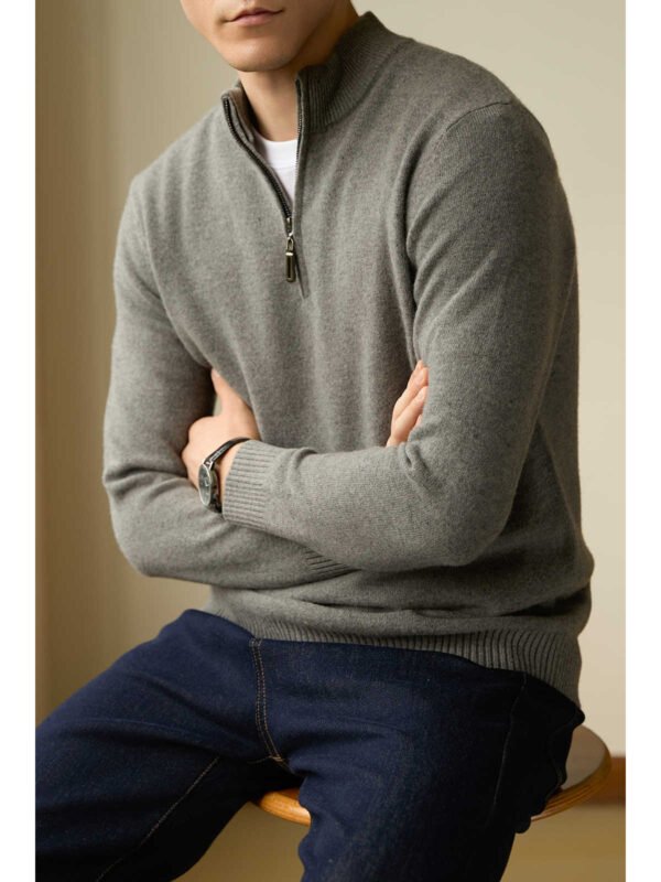 Half Zipped Stand Collar Pure Wool Thermal Sweater - Image 4