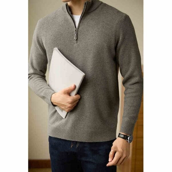 Half Zipped Stand Collar Pure Wool Thermal Sweater - Image 2
