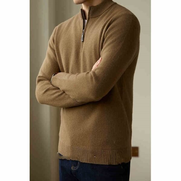 Half Zipped Stand Collar Pure Wool Thermal Sweater - Image 3