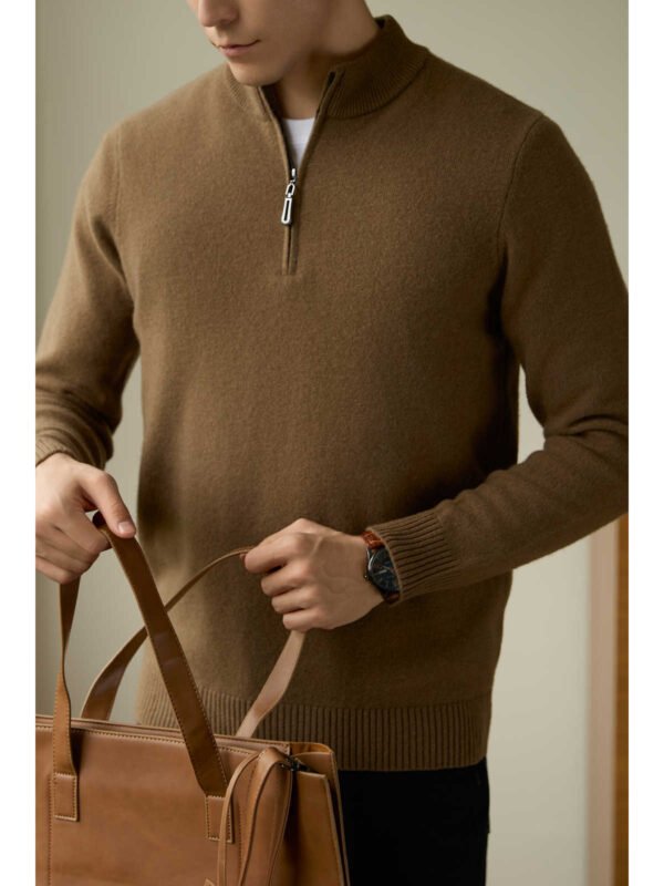 Half Zipped Stand Collar Pure Wool Thermal Sweater - Image 5