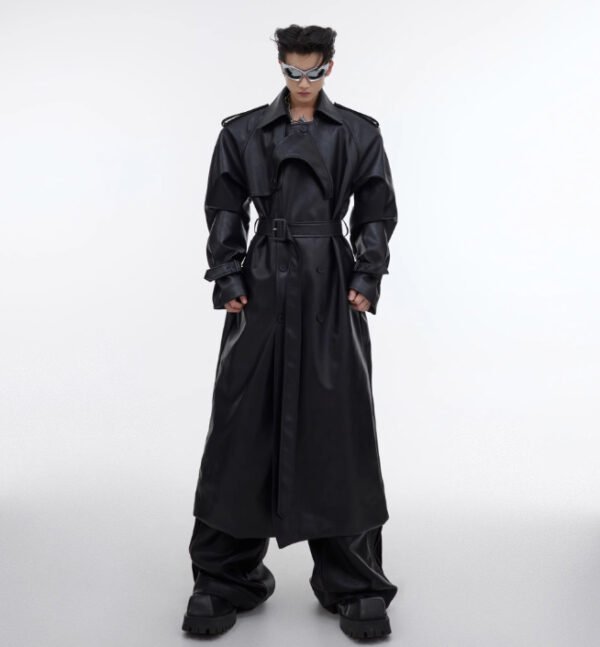 Deconstructing Split Padded Shoulder Profile PU Leather Coat - Image 4